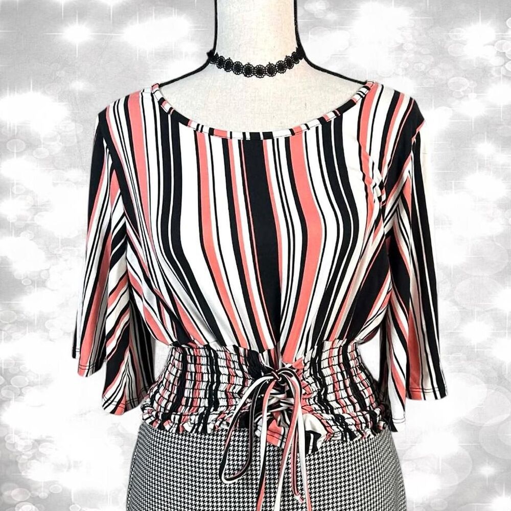 Goth Style Multicolored Stretchy Tie Front 3/4 Sleeve Blouse